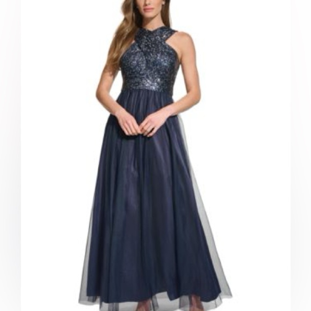 Eliza J- Elegant Navy Blue Gown with Sequin Bodice